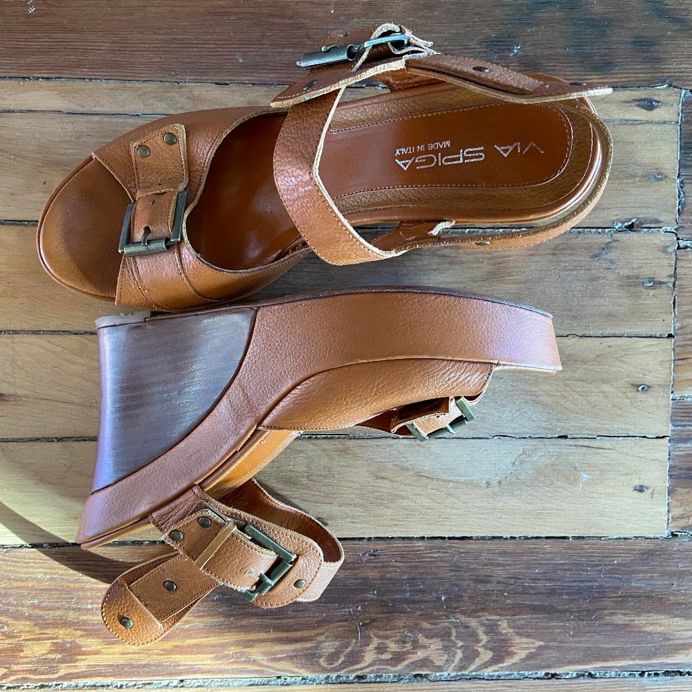 Via Spiga Italian Wedge Leather Sandal Heels - Picture 14 of 15